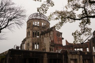 Hiroshima Peace Memorial with bare trees represents history and resilience.